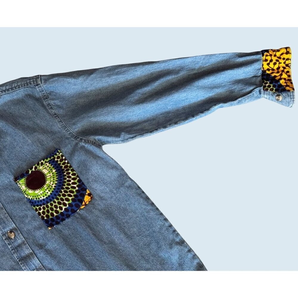 Vintage Jerzees Denim Geometric Print Denim Shirt 90s / Y2K Sz S - Picture 3 of 7